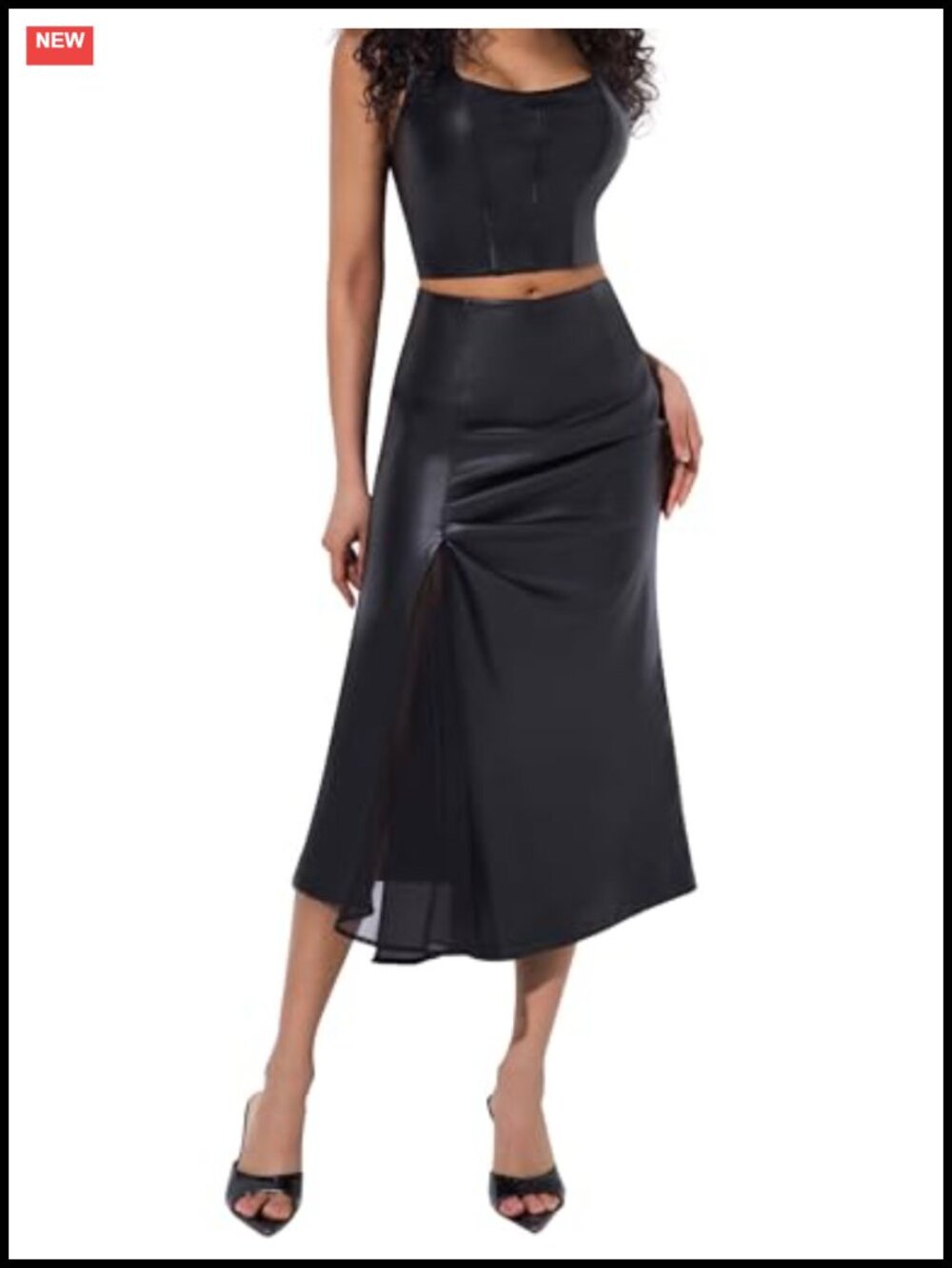 Faux Leather Mesh Midi Skirt High Waist A-Line Pleated Slit